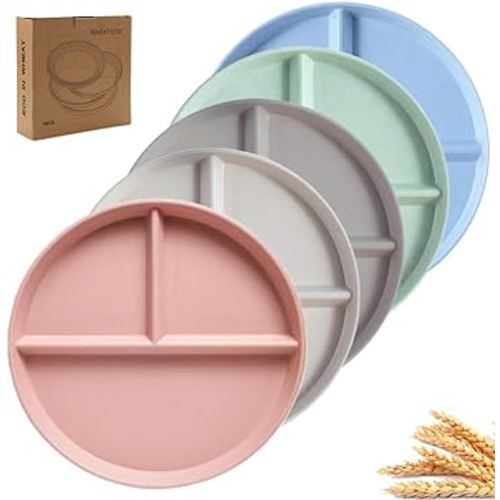 Unbreakable Divided Plates 5PCS for Kids Adults, Compartment Plates, Lightweight Reusable Dinnerware Portion Control Plastic Plates (5Pack- 9IN)