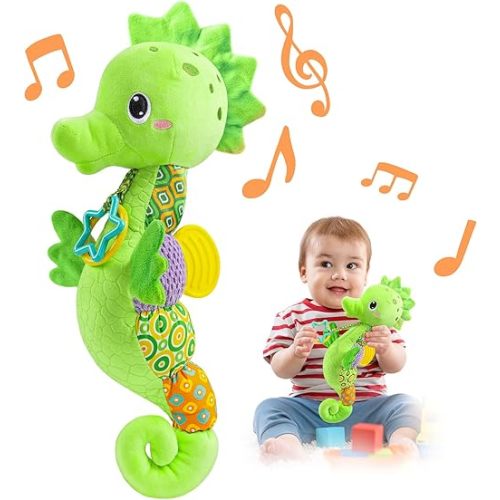 LIGHTDESIRE Baby Toys Musical Seahorse,Infant Stuffed Animal Toys with Crinkle and Rattles,Soft Sensory Toys with Textures for Tummy Time Newborn Boys Girls 0 3 6 12 Months(Green)