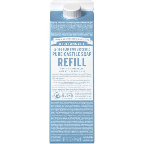 Dr. Bronner's Pure-Castile Liquid Soap Refill - Made with Regenerative Organic Certified Oils, 82% Less Plastic - 18-in-1 Uses, For Face, Body Wash, Hand Soap Refill & More Baby Unscented, 32oz
