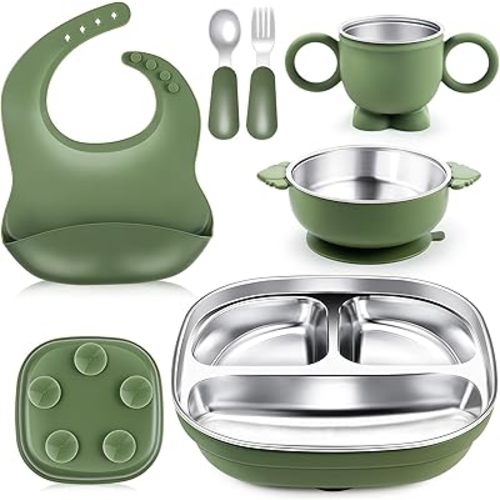 Stainless Steel Kids Plates and Bowls, 6 Pcs Baby Tableware Set Contain Deep-Divide Toddler Plates, Bowls, Cup, Utensils & Bib – BPA-Free 304 Steel + Silicone Suction – Dishwasher Safe