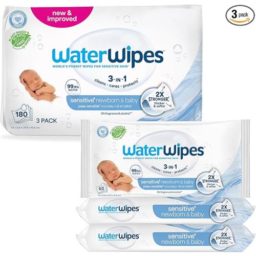 WaterWipes Sensitive+ Newborn & Baby Wipes, 3-In-1 Cleans, Cares, Protects, 99.9% Water, Unscented & Hypoallergenic, 180 Count (3 Packs)