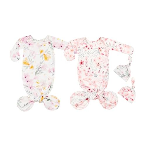 Terriboo Newborn Baby Boy Long Sleeve Sleeper Gown with Mittens Knotted Gown Coming Home Outfit Nightgown Hat Set 2 Pieces