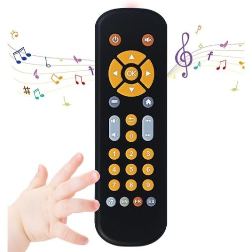 Baby Remote Control Toy, Realistic Toddler TV Remote Toys with Light Sounds, Early Learning Educational Baby Musical Toys Play Remote with English French Spanish for Boys Girls 6 Month+-Black