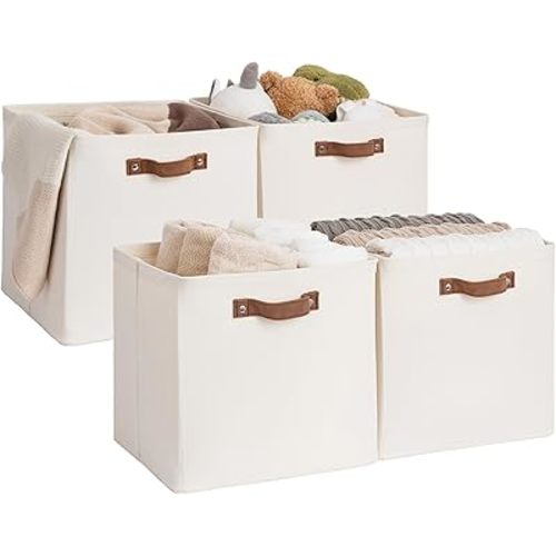 StorageWorks 13x13 Inches Storage Cube, Fabric Storage Bins with PU Handles, Collapsible Organizer Baskets for Closet, Beige, 4-Pack