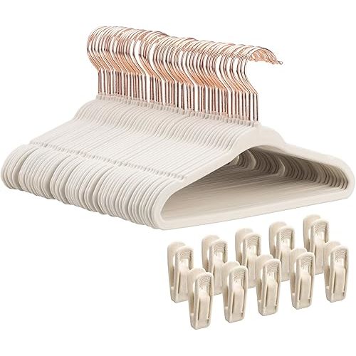 Baby Velvet Hangers 50 Pack - 11" Inch Premium Non Slip Kids Felt Hangers for Clothes - Ultra Thin Baby Felt Hangers for Toddler Kids' Closet with 10 Hanger Clips - Beige