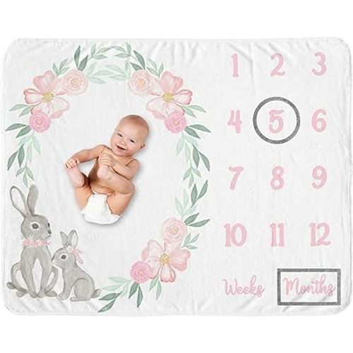 Sweet Jojo Designs Woodland Bunny Girl Milestone Blanket Monthly Newborn First Year Growth Mat Baby Shower Memory Keepsake Gift Picture - Blush Pink Mint Green Grey Boho Floral Watercolor Rose Flower