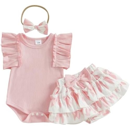 Baby Girl Clothes Summer Infant Floral Outfit Ruffle Sleeve Knitted Romper + Layered Bloomers Shorts + Headband