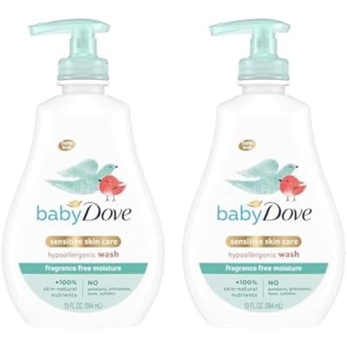 Baby Dove Sensitive Skin Care Baby Wash For Baby Bath Time Fragrance Free Moisture Fragrance Free and Hypoallergenic, Washes Away Bacteria 13 oz (Pack of 2)