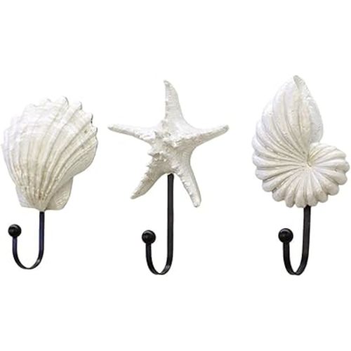 3pcs Wall Hooks Coat Hooks, Resin Hanger Decorative Hooks, Sea Shell Wall Hooks, Coastal Theme Beach House Decor for Bathroom Door Bedrooms Wardrobes for Clothes Hat Key (White)
