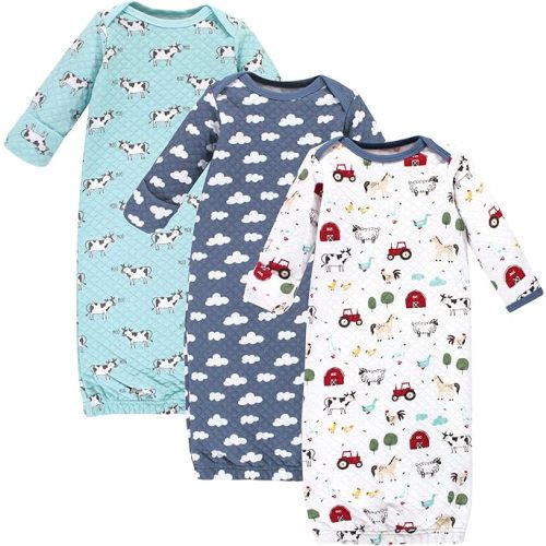 Hudson Baby Baby Girls' Quilted Cotton Gowns 3pk - 0-6 Months - Boy Farm Animals