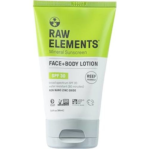 Raw Elements Face and Body All-Natural Mineral Sunscreen - Non-Nano Zinc Oxide, 95% Organic, Water Resistant, Reef Safe, Cruelty Free, SPF 30+, All Ages Safe, Moisturizing, Bio-Resin Tube, 3oz