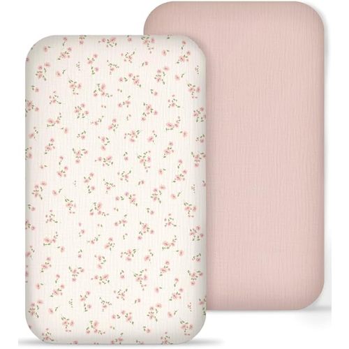Muslin Bedside Bassinet Sheets 2 Pack, 33x20 Fitted Ultra Soft & Breathable Bedside Sleeper Sheets, Ideal for Baby Girl and Boy, Perfect for Newborns (Rosy)