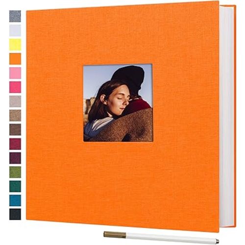 potricher Large Photo Album Self Adhesive 3x5 4x6 5x7 8x10 Pictures Linen Cover 80 Blank Pages Magnetic DIY Scrapbook Album with A Metallic Pen (Orange)