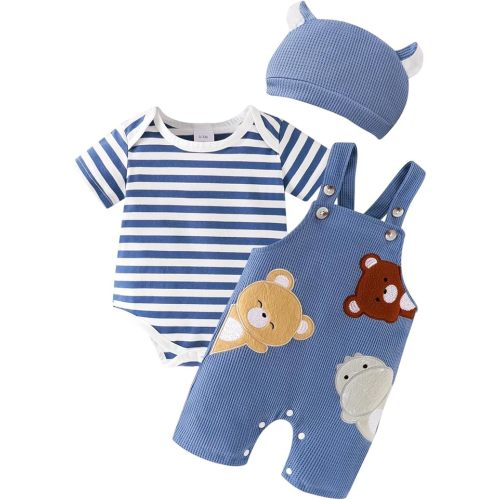 Baby Boy Clothes Newborn Striped Romper Infant Bear Suspender Overall Cute Hat 3Pcs Set Summer Outfits 0-18 Months
