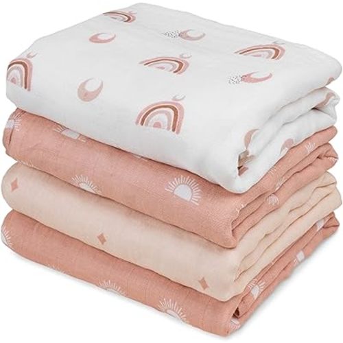 GLLQUEN BABY Muslin Swaddle Blankets 4-Pack Breathable Receiving Blankets (35" x 40") Soft Baby Blankets for Girls and Boys Newborn Essentials Muslin Burp Cloths Swaddle Wrap Baby Gift (Sun)