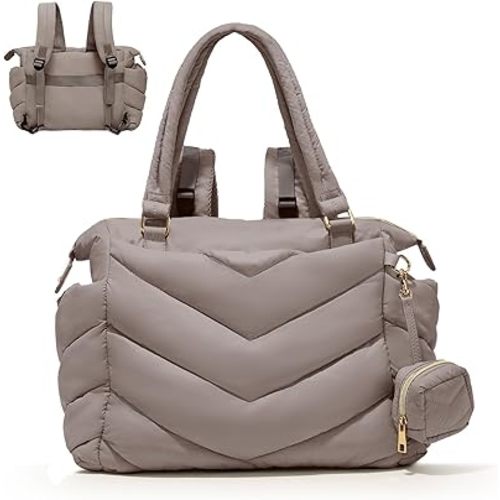 Diaper Bag Tote,Puffer Backpack with Pacifier Case,Lightweight Baby Bag Quilted Hospital Bag for Mom,10 Pockets,Khaki