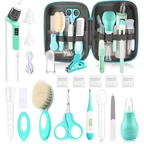 Baby Grooming Kit, Infant Safety Care Set with Baby Electric Nose Aspirator,Baby Hair Brush Comb Nail Clipper Nasal Aspirator,Baby Essentials Kit for Newborn Girls Boys (21 Pc Green Kit)
