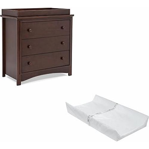 Delta Children Perry 3 Drawer Dresser with Changing Top and Interlocking Drawers, Walnut Espresso + Contoured Changing Pad, White (Bundle)