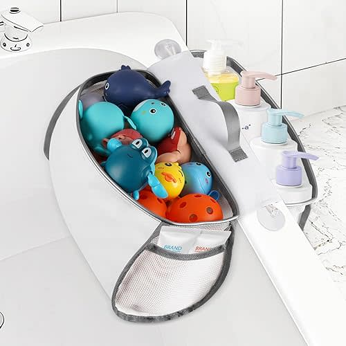 Saddle Shape Bath Toy Organizer, 2 Compartments Wide Opening Mesh Bath Tub Toy Storage for Easy Access to Toys, Side Pockets & Bottom Zipper Design, Quick Drying Toy Holder for Tub (Gray)