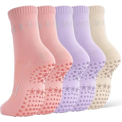 5 Pairs Pilates Socks Yoga Crew Socks with Grips for Women Non Slip