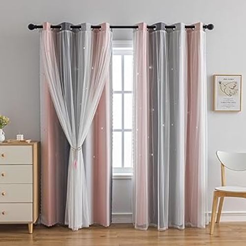 Star Girl and Kids Curtains for Bedroom Rainbow Ombre Double Layer Cute Shot Nursery Darkening Grommet Princess Room Décor 2 Panels Living Room Window Curtain (Pink Grey 52W x 63L
