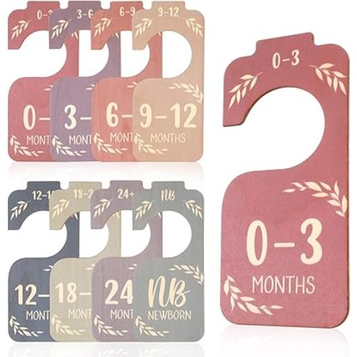 8Pcs Baby Closet Dividers Baby Clothes Organizer Closet Dividers for Hanging Clothes Double-Sided Wooden Clothes Size Classification Hanger from Newborn to 24 Months Nursery Decor