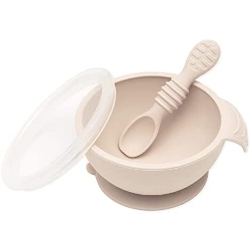 Bumkins Suction Silicone Baby Feeding Set, Bowl, Lid, Spoon, BPA-Free, First Feeding, Baby Led Weaning - Sand