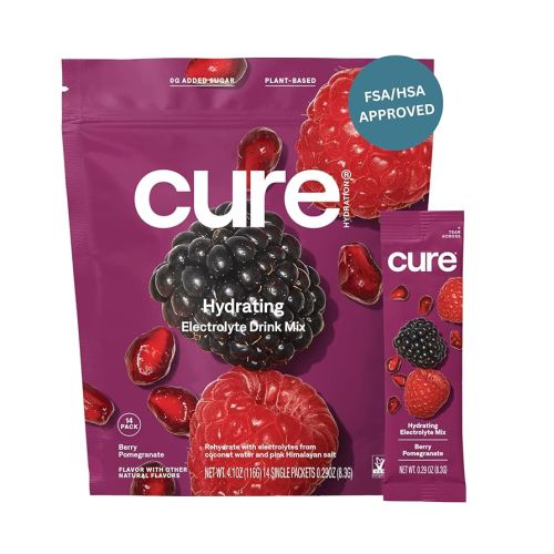 Cure Hydration | Plant-Based Electrolyte Drink Mix | No Added Sugar | FSA & HSA | Dehydration Relief Powder Made with Coconut Water | Non-GMO | Vegan | Pouch of 14 Packets - Berry Pomegranate