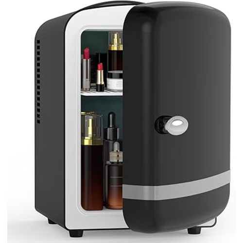 Mini Fridge for Bedroom, 4L/6 Cans Small Cosmetic Fridge for Skincare, Makeup, Medicine & Beverage, Portable Desk Fridge Cooler and Warmer for Kids, Car, Office, Dorm, Black