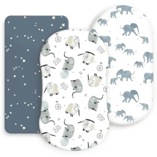 Stretchy Ultra Soft Fitted Bassinet Sheets Set 3 Pack, Universal Fit for Bassinets Baby Cradle Moses Basket Oval Rectangle Mattress Safe and Snug, Stylish Bassinet Sheet of Elephant Print