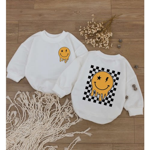 Smiley Face Baby Romper, Happy Face Bodysuit, Checkered Sweatshirt kid, Cute kids Outfit, Retro Shirt, Baby Shower Gift, Newborn Clothes