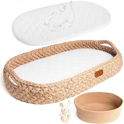 Handmade Baby Changing Basket Set with a Soft Changing Pad and Waterproof Cover,Diaper Organizer,Rattle Shaker, Moses Basket, Changing Table Topper for Dresser| Boho Bassinet, Handmade Crochet Basket