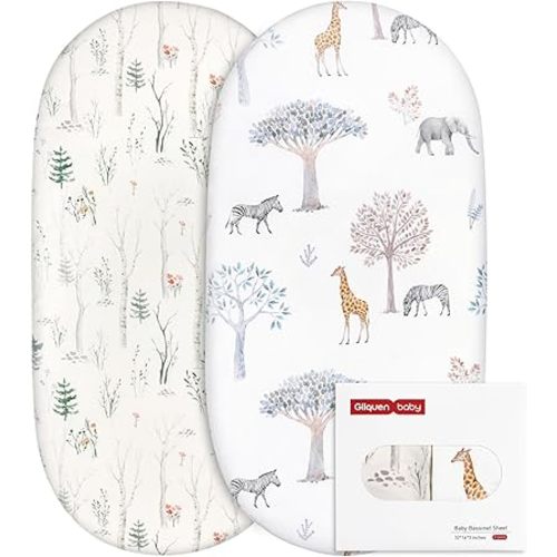 Gllquen Baby Bassinet Sheets Set 2-Pack, Breathable Cozy Bassinet Fitted Sheet Universal Fit Standard Mattress Oval Rectangle Cradle Baby Sheets for Baby Boy Girls Unisex 32"x16" (Forest)