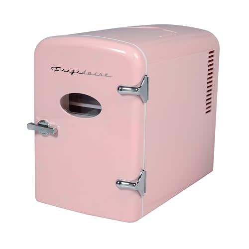 Frigidaire Retro Mini Personal Fridge Cooler, Holds up to 9 Cans, Portable for Car, Office, Bedroom, Dorm Room, or Cabin, Includes 110V AC and 12V DC cords - 11.8"D x 7.1"W x 10.1"H, Pink