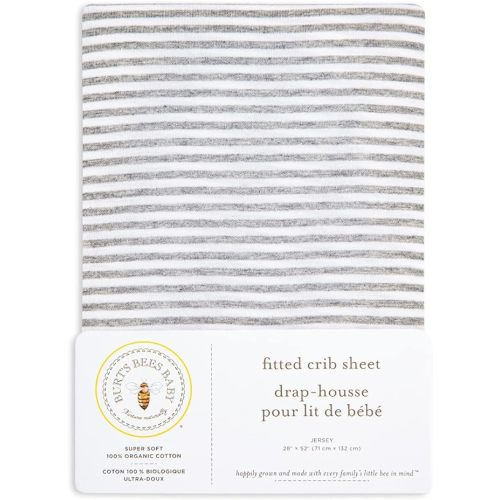 Burt's Bees Baby - Fitted Crib Sheet, Girls Boys & Unisex 100% Organic Cotton Crib Sheet for Standard Crib & Toddler Mattresses - Grey Stripe