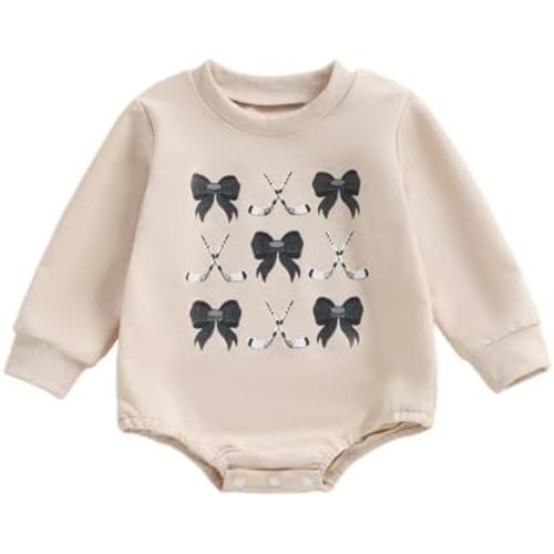Newborn Infant Baby Girl Game Day Outfit Bows Hockey Onesie One Piece Long Sleeve Romper Winter Clothes