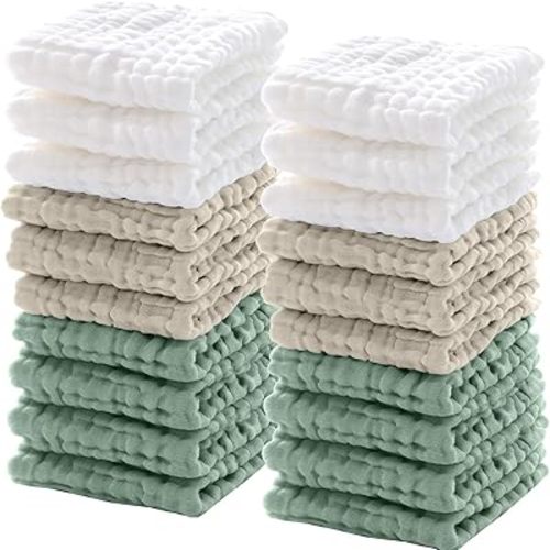 Breling 20 Pcs Baby Muslin Washcloth 12 x 12 Inch 100% Cotton Soft and Absorbent Muslin Washcloth Burp Cloth Wipe Newborn Face Towel for Baby Boy Girl Sensitive Skin (White, Khaki, Dark Green)