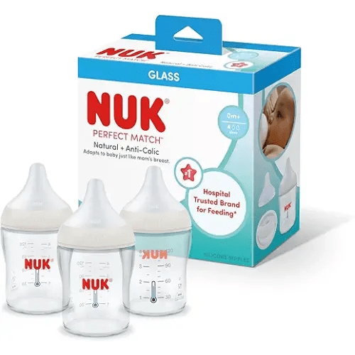 NUK Perfect Match Glass Natural + Anti-Colic Bottle, 4 oz. Glass Baby Bottles with SafeTemp Temperature Indicator, Newborn Essentials, 3-Pack