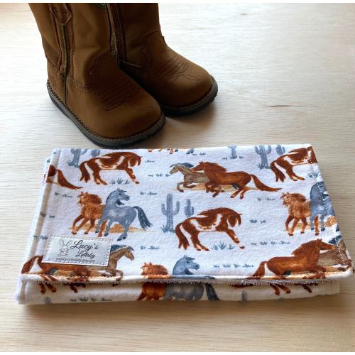 Burp Cloth - WILD MUSTANGS | Handmade | Western Theme | Baby Shower Gift | Gender Neutral | Cowboy | Cowgirl | Flannel and Terry Cloth |