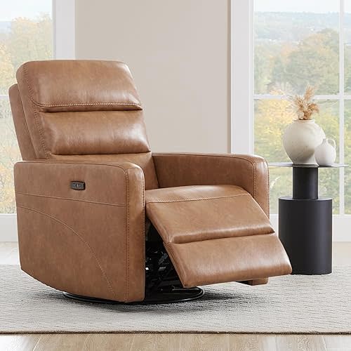 Power Recliner Chair Oversized Swivel Glider Rocker Upholstered Faux Leather Sofa with Headrest USB Charging Ports for Living Room