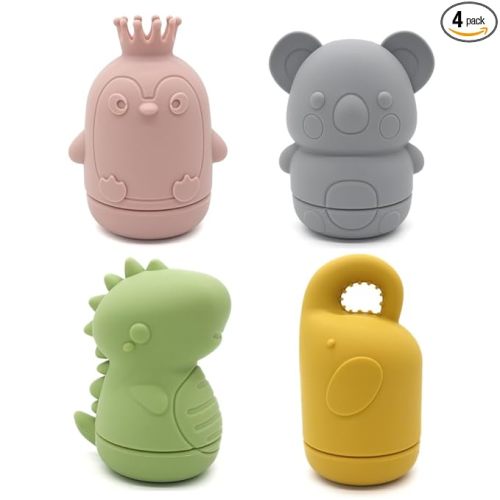 Ginbear Silicone Baby Bath Toys, Non-Toxic Mold Free Infant Squirty Bathtub Toys for Toddlers 6 Months+, Pack of 4 (Dino)