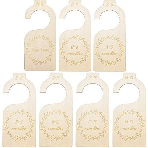 7 Pieces Baby Closet Size Divider Wooden Baby Closet Organizers Hanging Closet Dividers from Newborn Infant to 24 Months for Home Nursery Baby Clothes