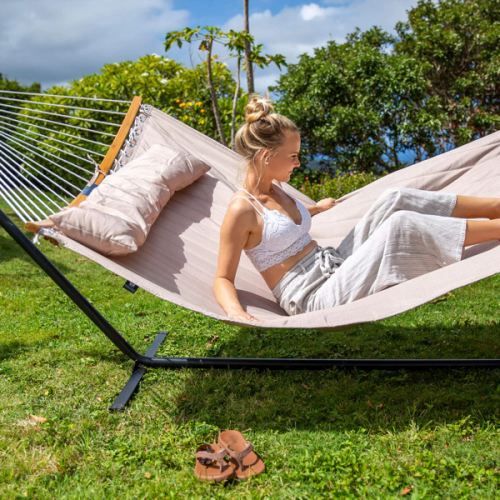 Double Quilted Hammock with Curved Bamboo Bar and Portable Stand |SUNCREAT