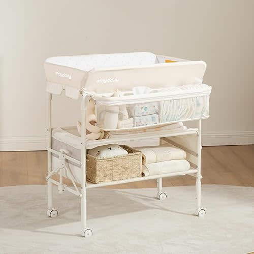 Maydolly Baby Changing Table, Portable Foldable Changing Table, Waterproof Diaper Changing Station, Adjustable Height Changing Station, Mobile Nursery for Newborn and Infant (Beige Without Drawer)