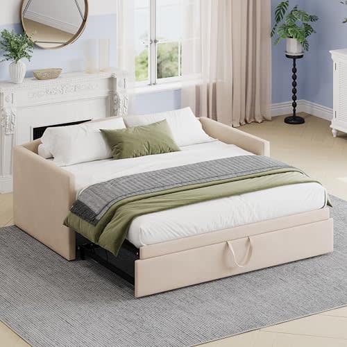 Merax Twin Size Velvet Daybed with Extended Pop Up Trundle, Upholstered Sofa Bed Daybed, Space-Saving Twin to King Design for Guest Room, Beige
