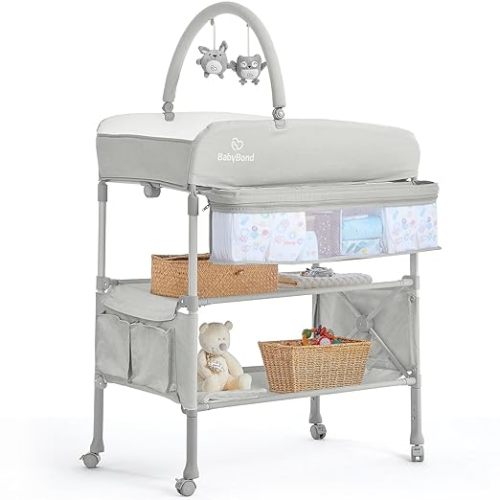 Portable Baby Changing Table, BabyBond Foldable Changing Table Dresser Waterproof Diaper Changing Table Height Adjustable Changing Station for Infant and Newborn(Beige)