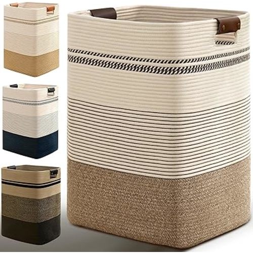 Degeyoyo Laundry Hamper, 95L Tall Laundry Basket with Leather Handles, Rectangle Large Clothes Hamper for Organizing, Cotton Woven Laundry Baskets Storage Hampers for Bedroom, Nursery, Living Room