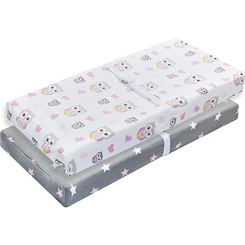 EVERYDAY KIDS 2 Pack Baby Changing Pad Covers for Baby Girl – Fits Most Changing Table Pads; 100% Cotton Jersey Knit, Breathable, Soft Changing Table Topper – Pink, Purple Owls and Pink, White Stars