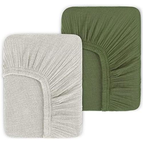 Muslin Fitted Crib Sheets for Girls & Boys-2 Pack 28"x 52" Soft Baby Mattress Sheet-No Slip Boho Neutral Breathable Toddler Cotton Bedding Olive Green & Beige