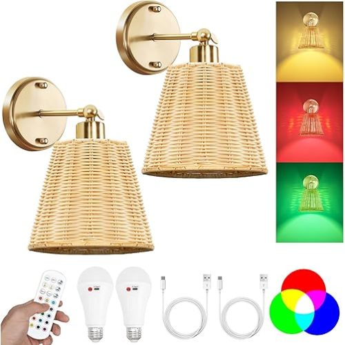Frideko Rattan Rechargeable Battery Operated Wall Sconces Set of Two with Remote, RGB 15 Colors Dimmable Wireless Wall Light, Indoor Wall Lamp with 3 Timer, Farmhouse Boho Wall Lighting for Bedroom